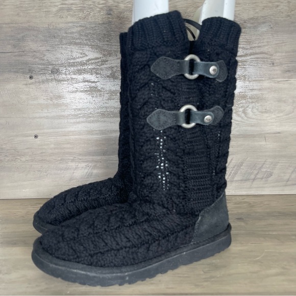 UGG Women’s 7 Black Tularosa Route Cable Knit Pull On Crochet Buckle Boots - Picture 11 of 14